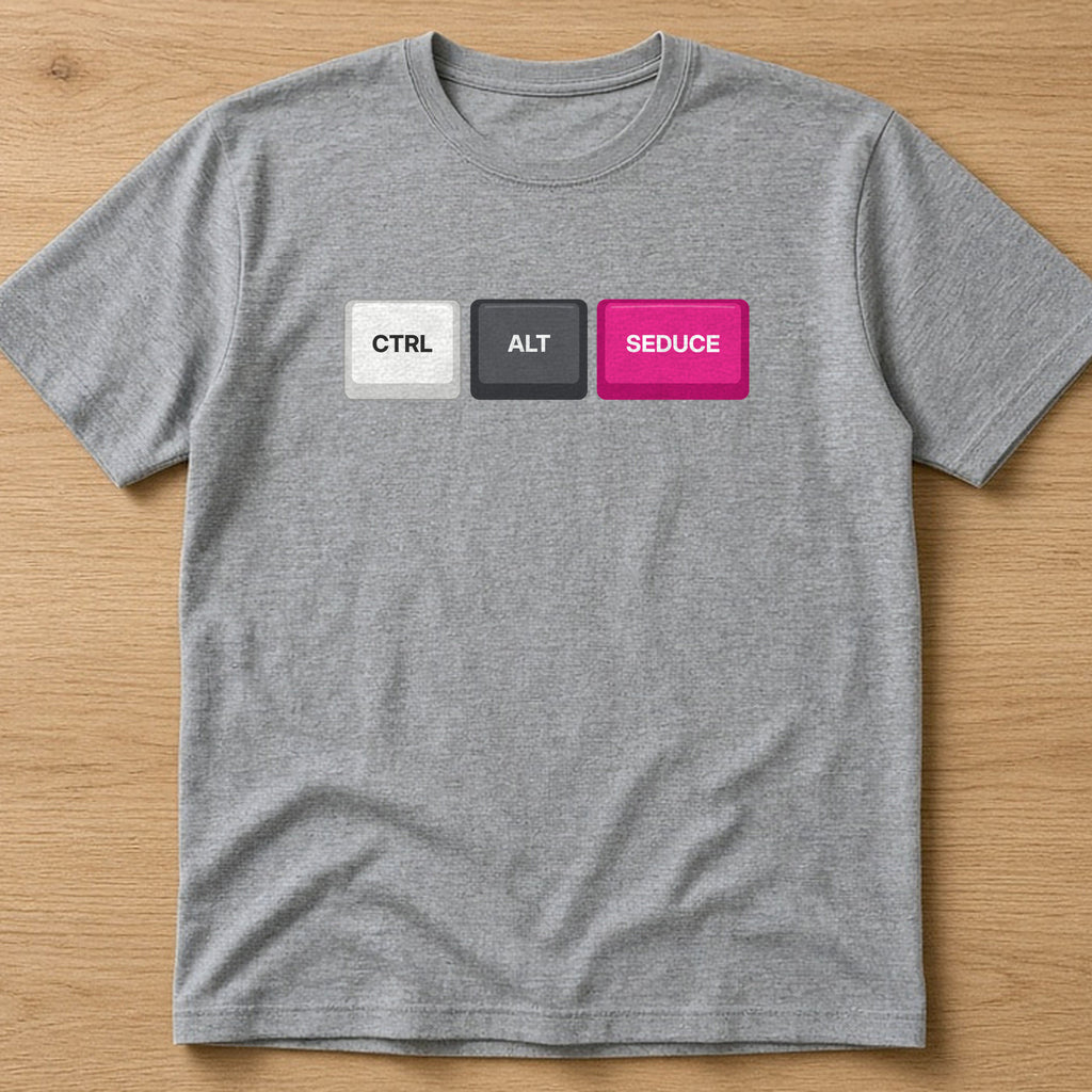 Sport grey t-shirt, flat lay, printed with Ctrl Alt Seduce keycaps