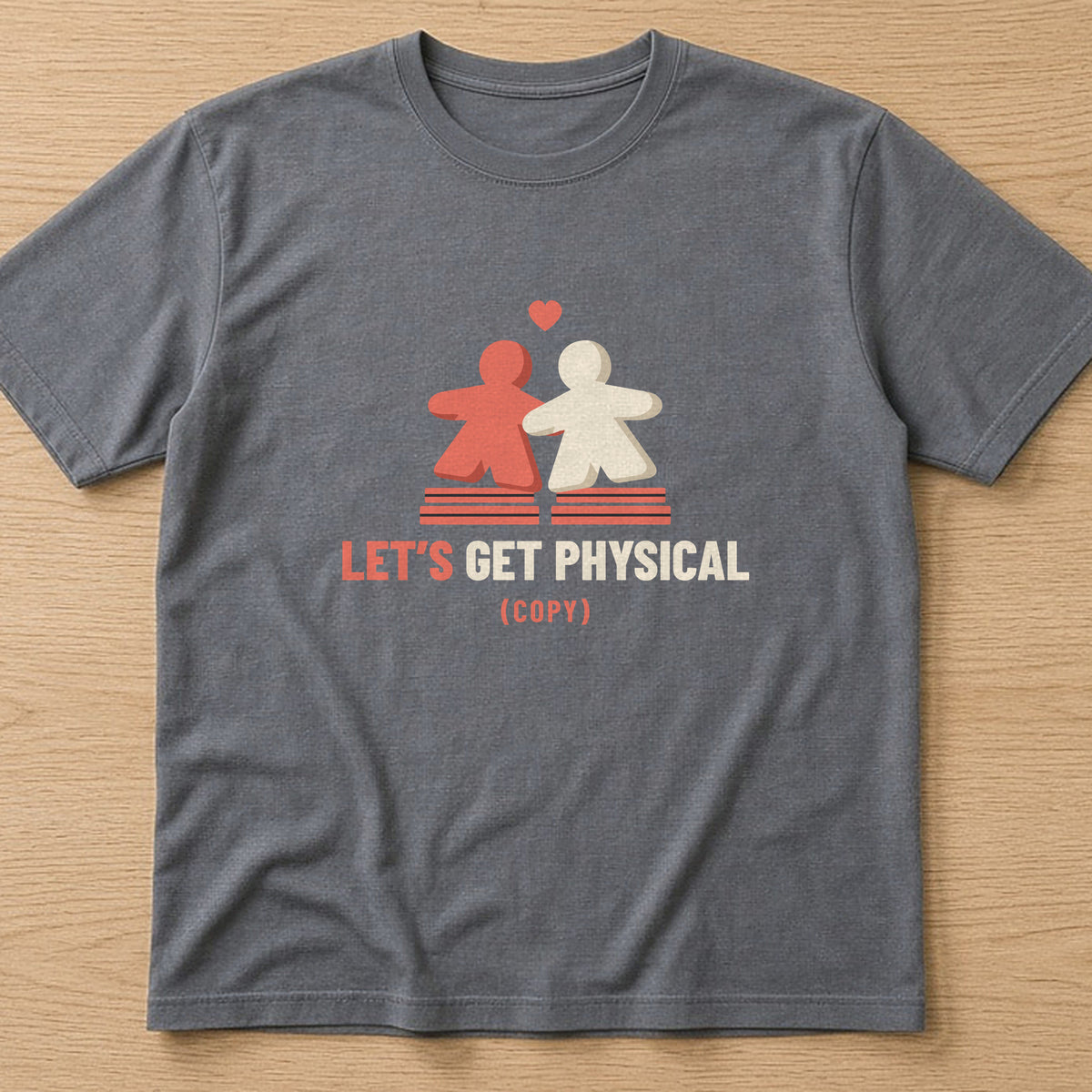 Charcoal t-shirt, flat lay, printed with two meeples sharing a heart