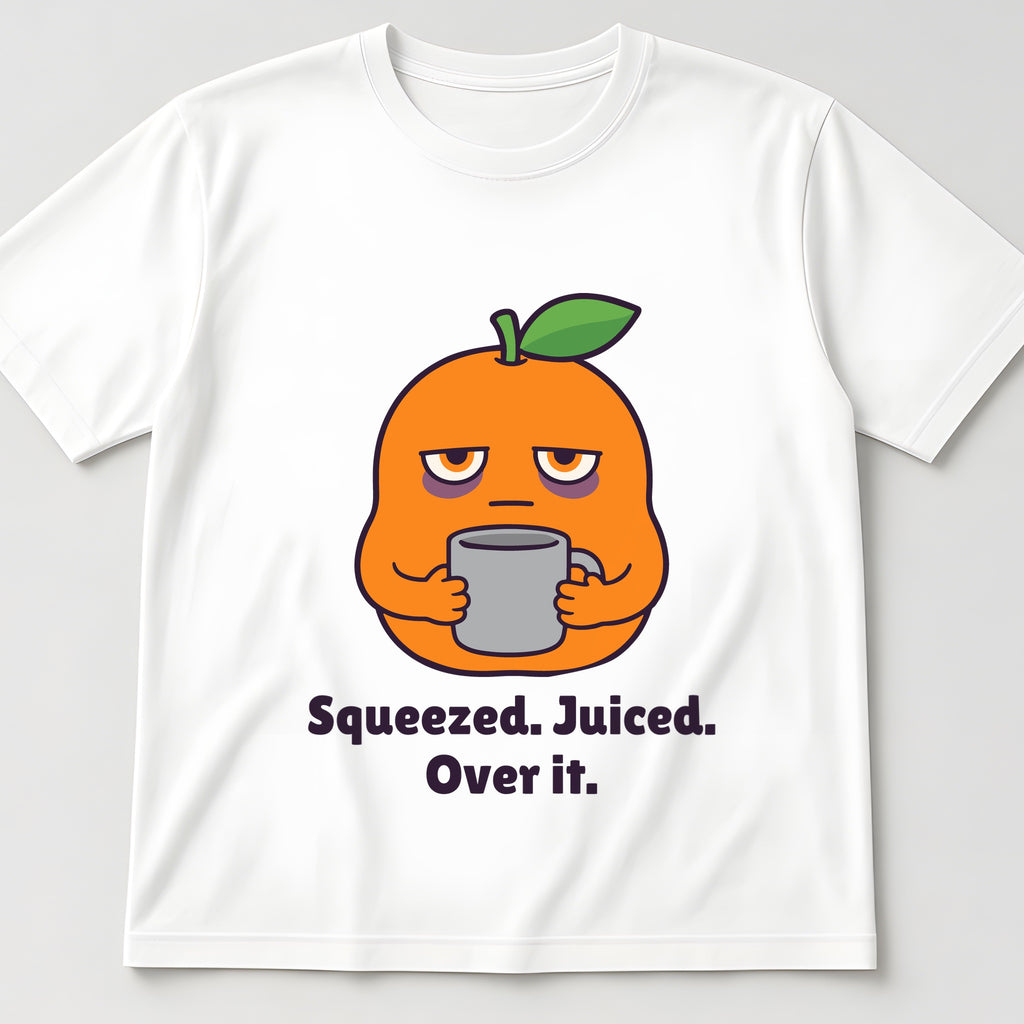 White t-shirt, flat lay, printed with a tired orange holding a mug and the words 'Squeezed. Juiced. Over it.'