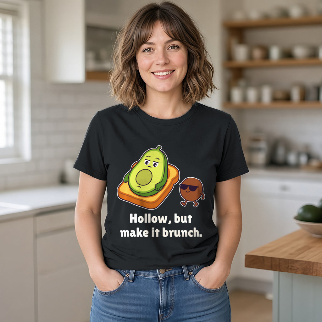 The Existential Avocado Tee – Black worn by a model