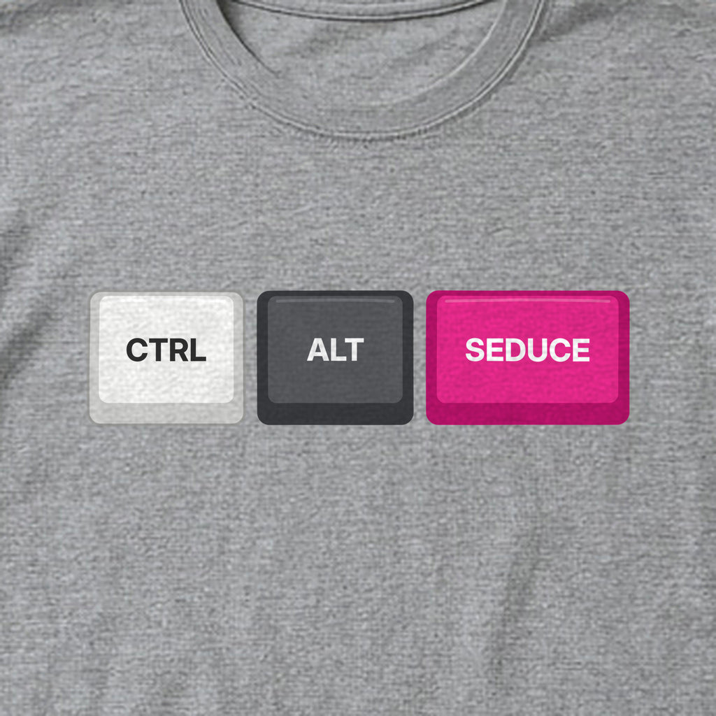 Close-up of the Ctrl Alt Seduce keycaps print on a sport grey t-shirt