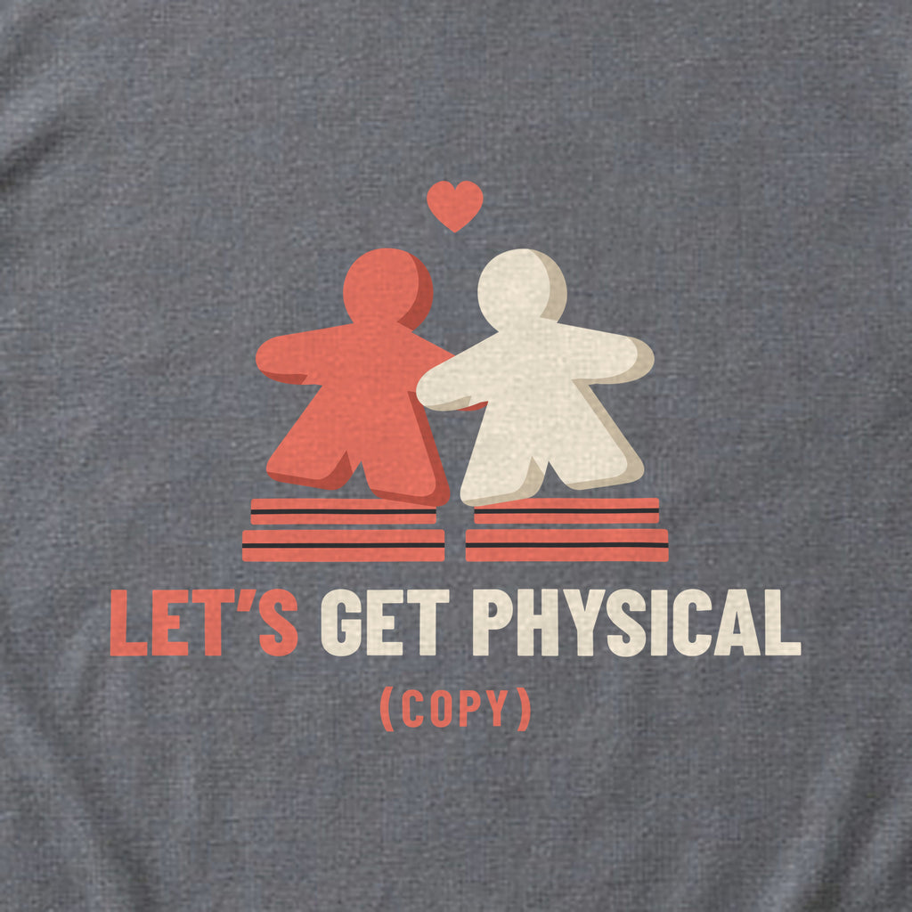 Close-up of the two meeples sharing a heart print on a charcoal t-shirt