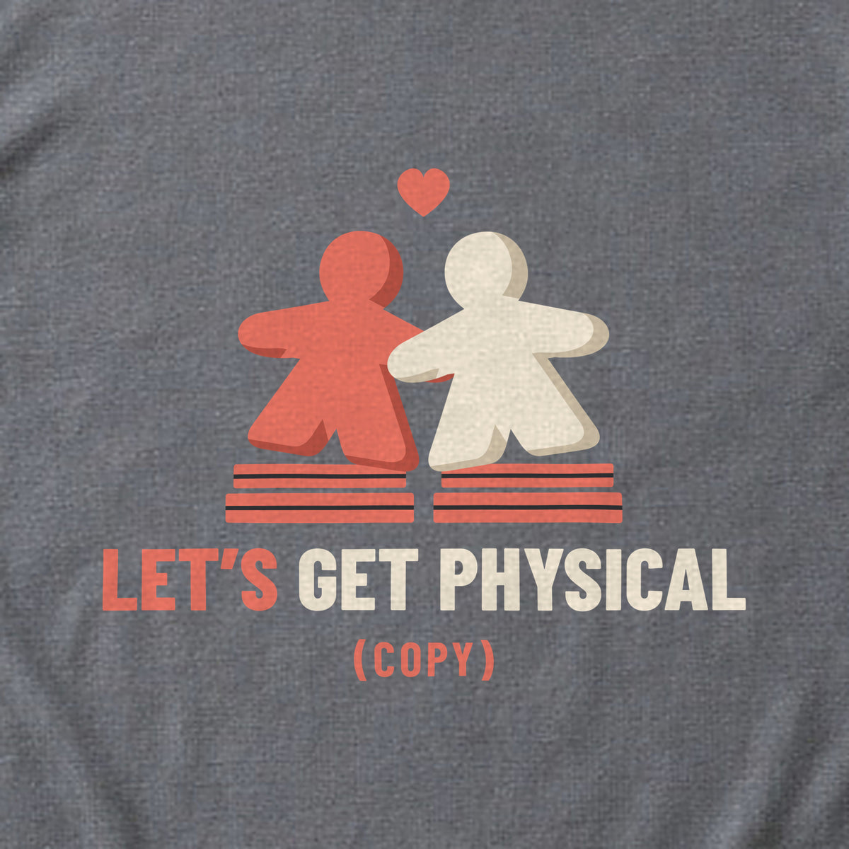 Close-up of the two meeples sharing a heart print on a charcoal t-shirt