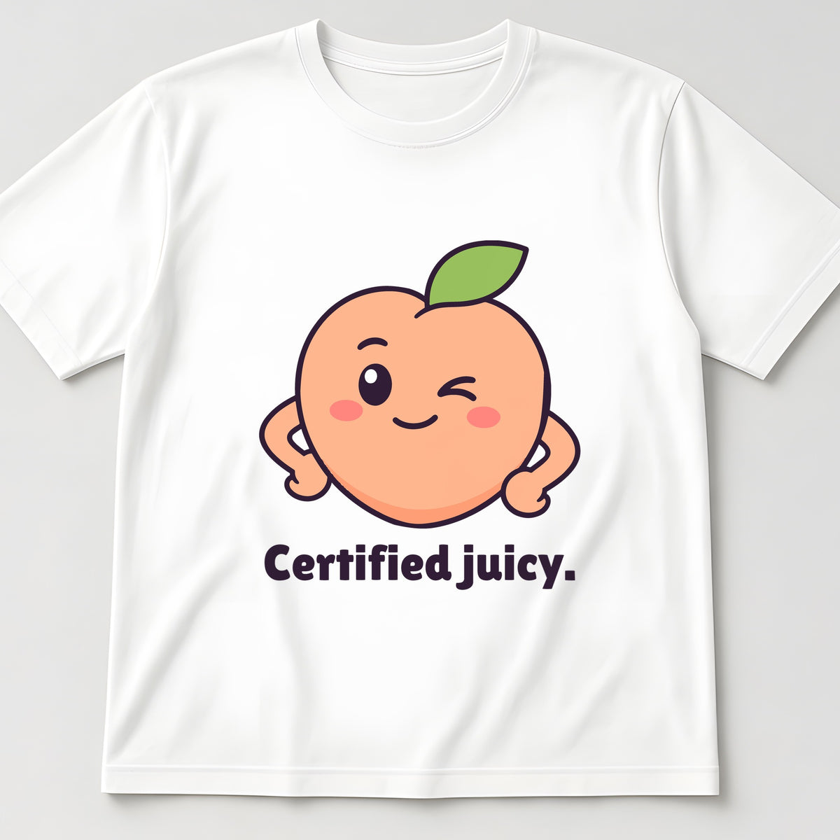 White t-shirt, flat lay, printed with a winking peach and the words 'Certified juicy.'
