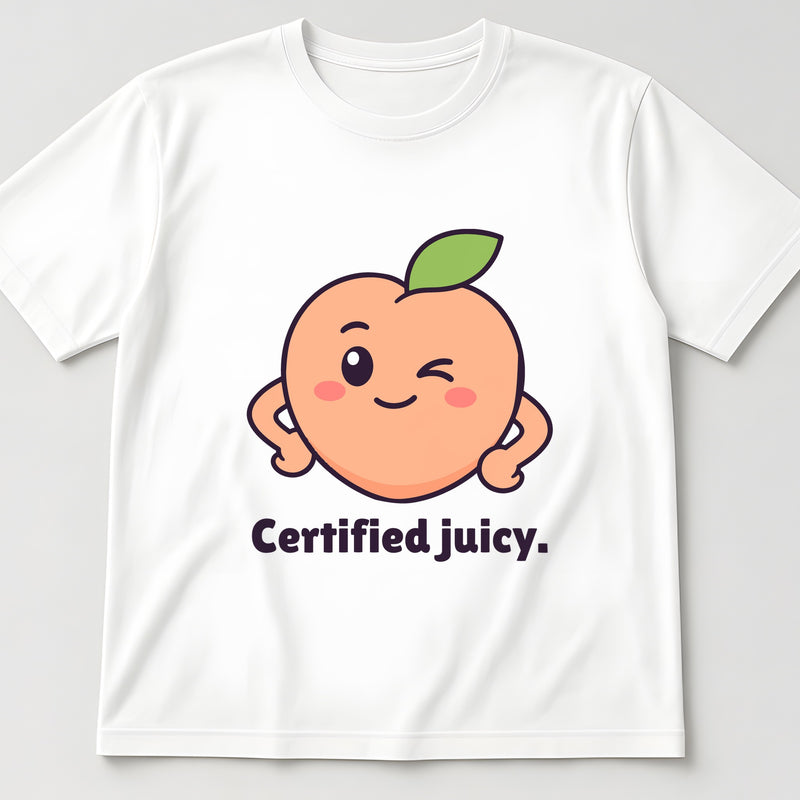 White t-shirt, flat lay, printed with a winking peach and the words 'Certified juicy.'