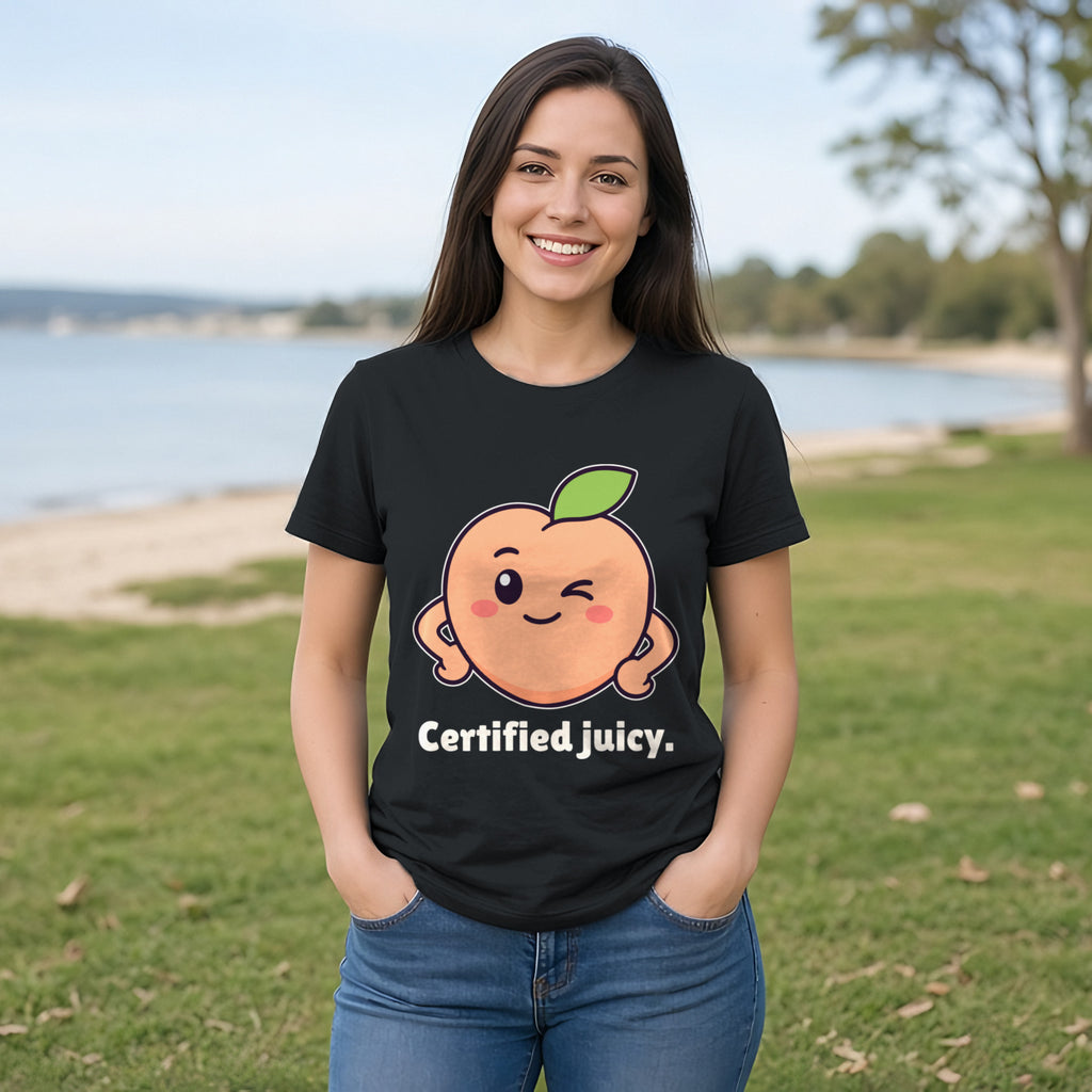 The Winking Peach Tee – Black worn by a model