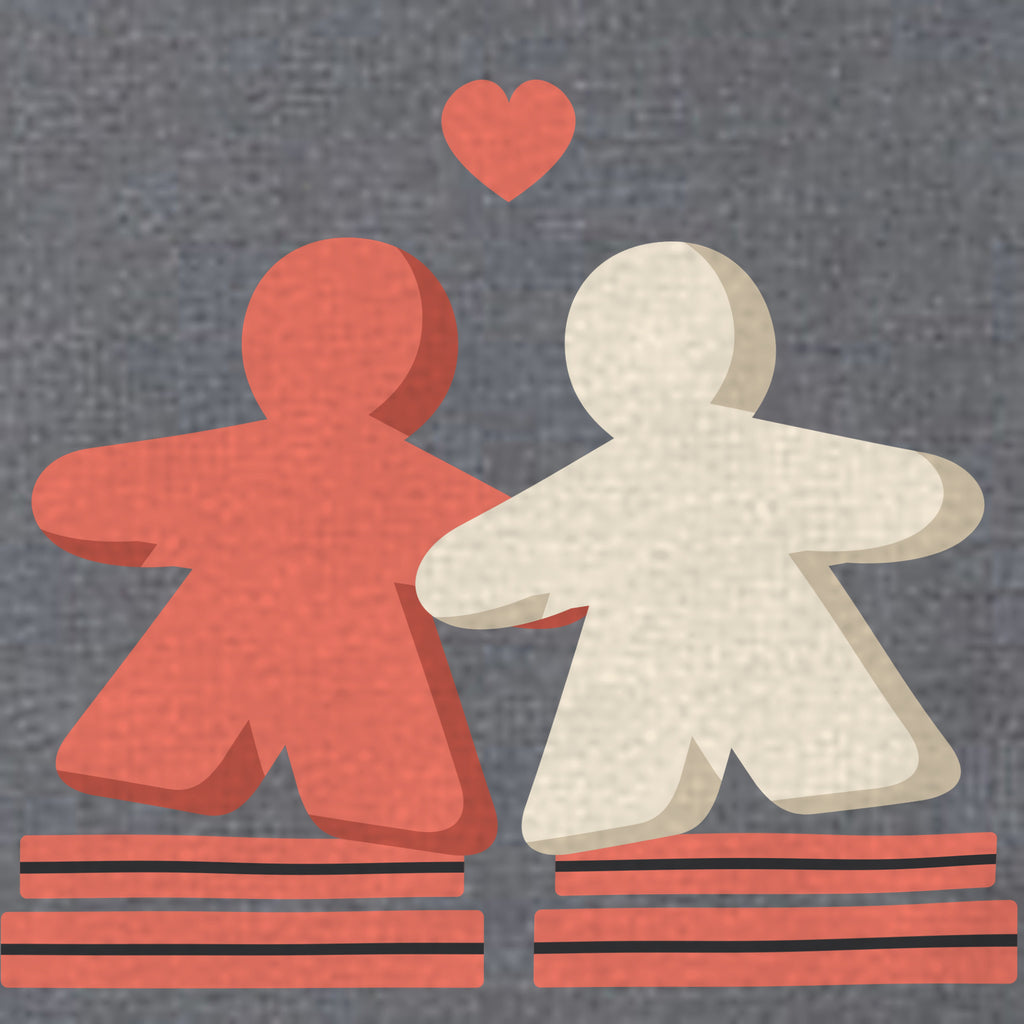 Print detail of the meeple design: two meeples sharing a heart