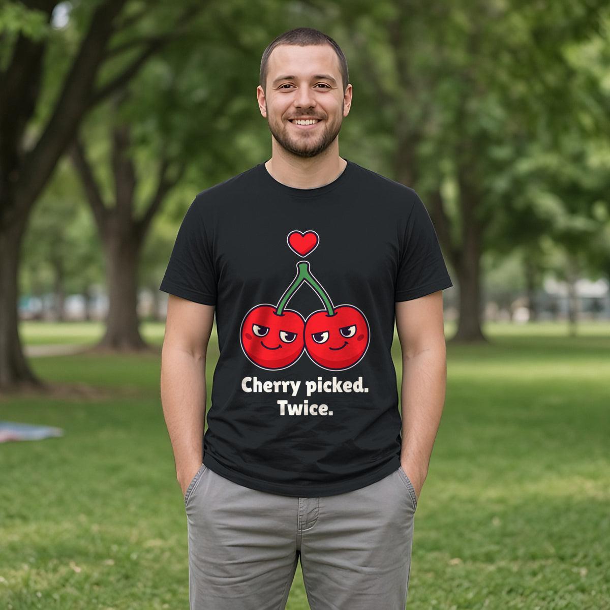 Cherries Tee – Black worn by a model