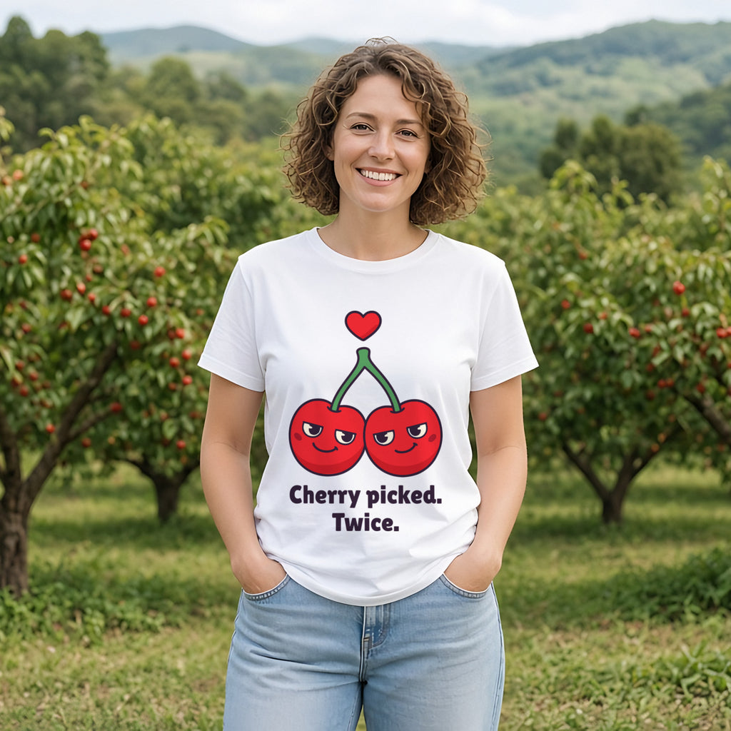 Cherries Tee – White worn by a model