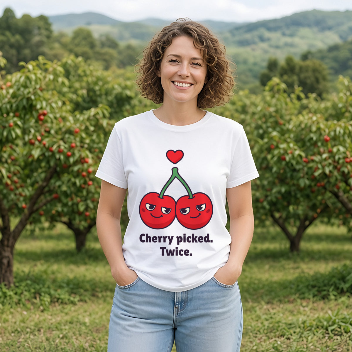 Cherries Tee – White worn by a model
