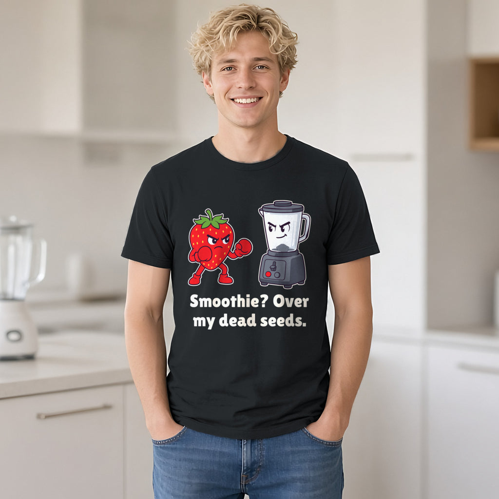 The Strawberry vs the Blender Tee – Black worn by a model