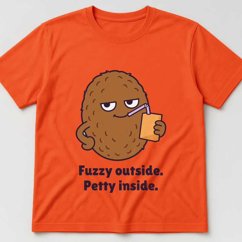 Orange t-shirt, flat lay, printed with a side-eyeing kiwi sipping a juice box and the words 'Fuzzy outside. Petty inside.'
