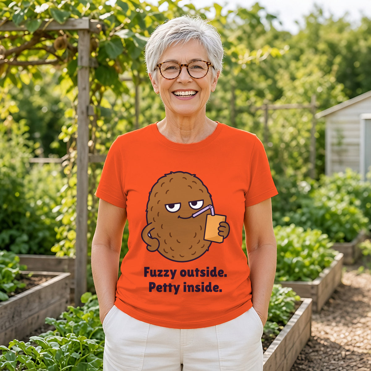 Woman with a silver pixie cut and glasses wearing the orange Petty Kiwi tee in a garden
