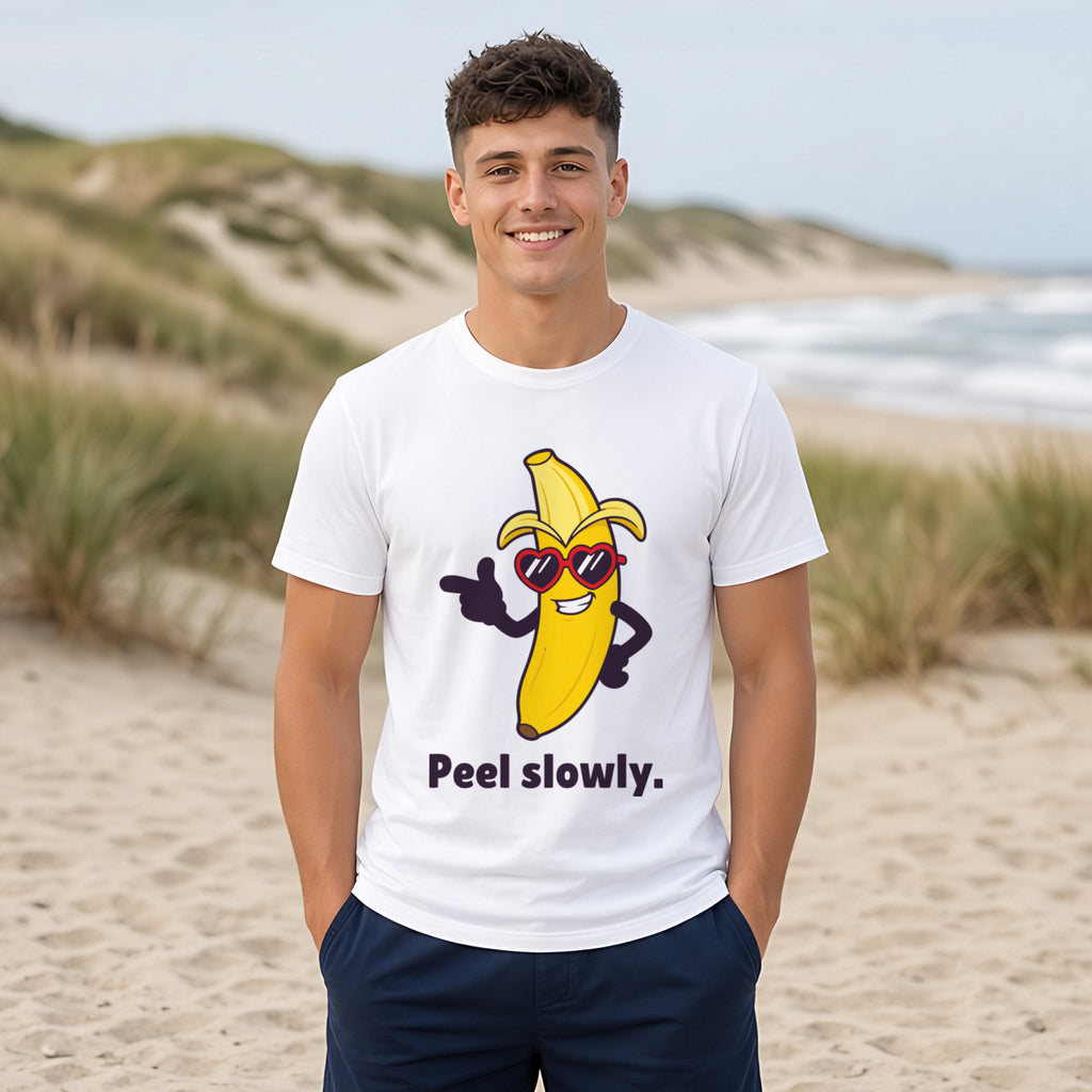 The Suave Banana Tee – White worn by a model