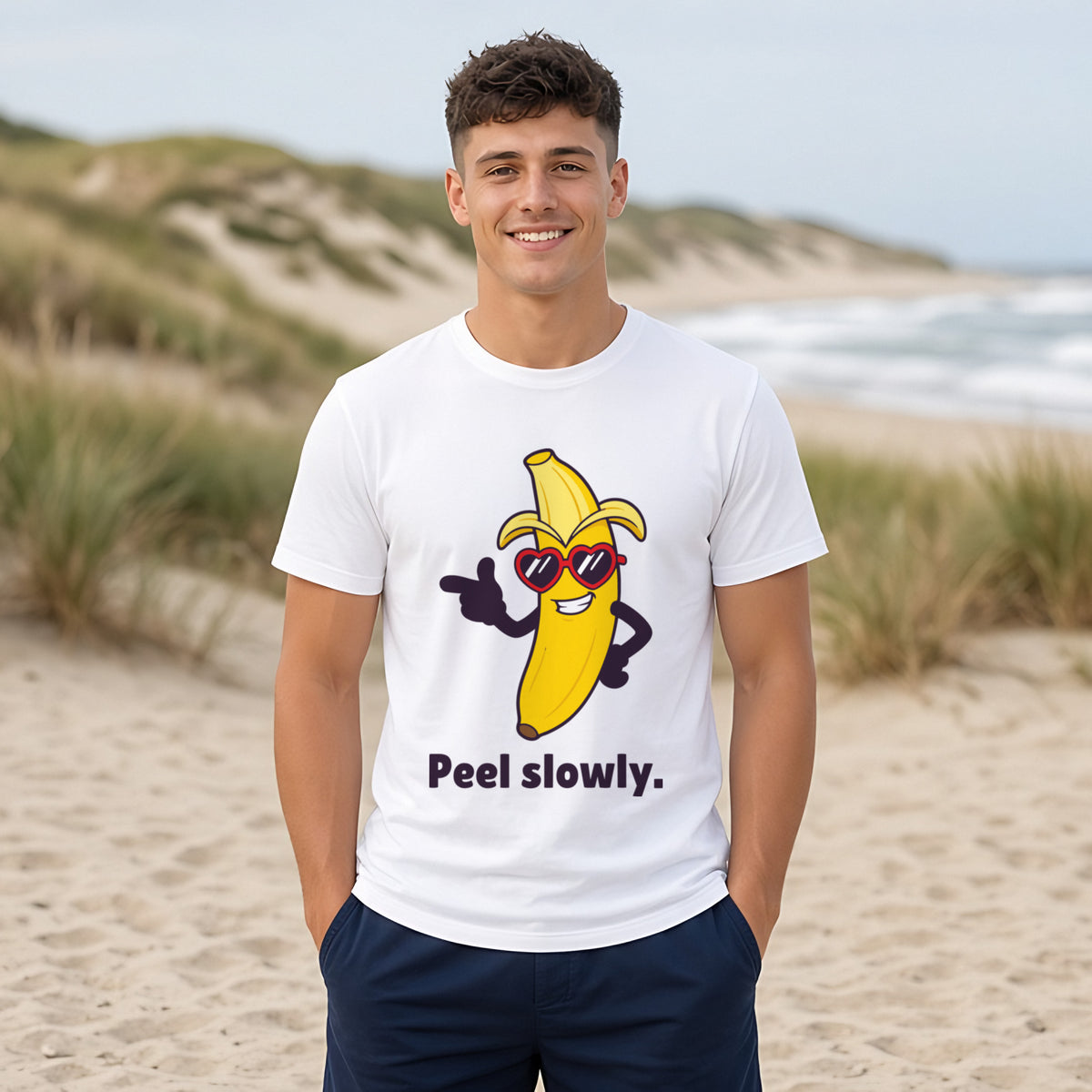 The Suave Banana Tee – White worn by a model