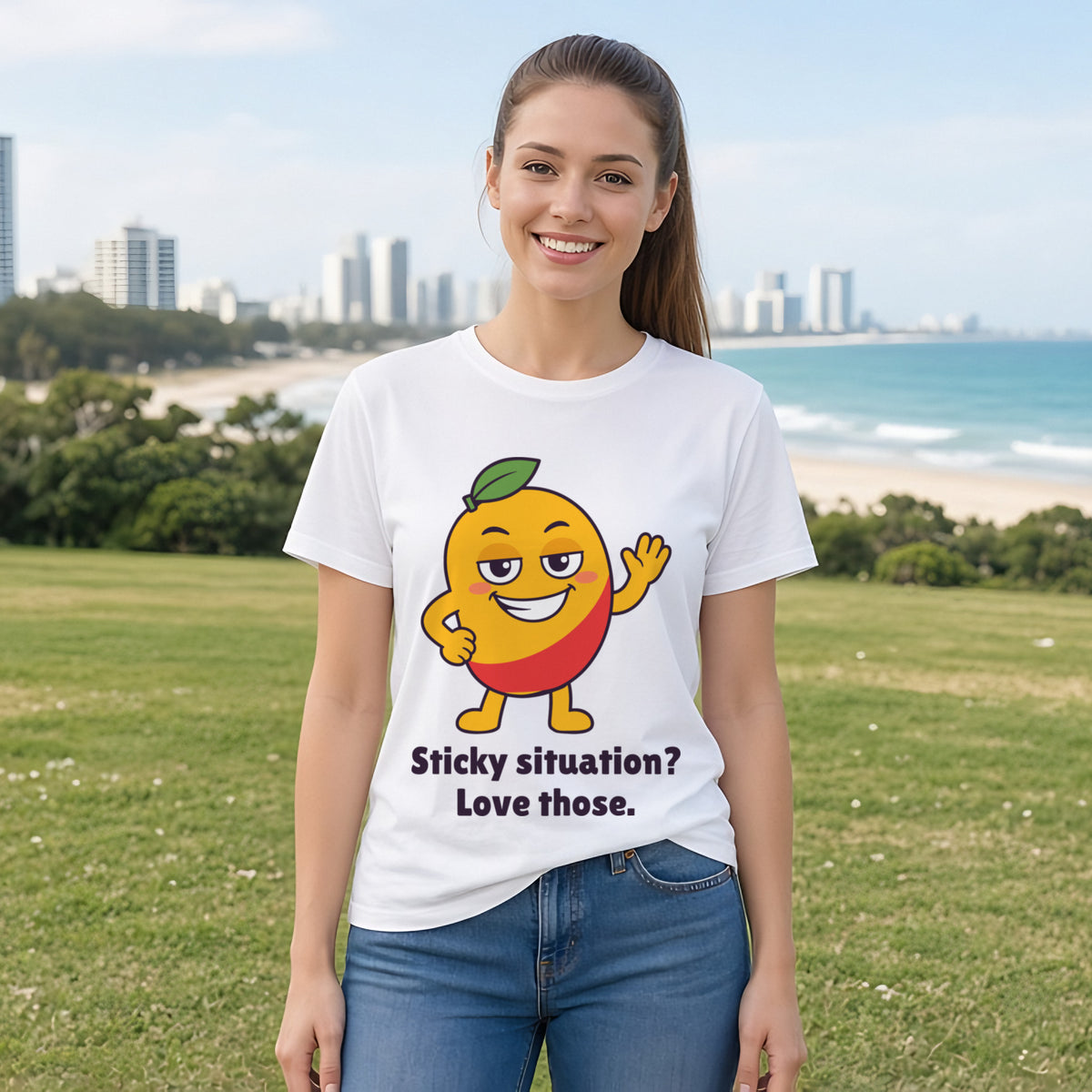 The Sticky Mango Tee – White worn by a model