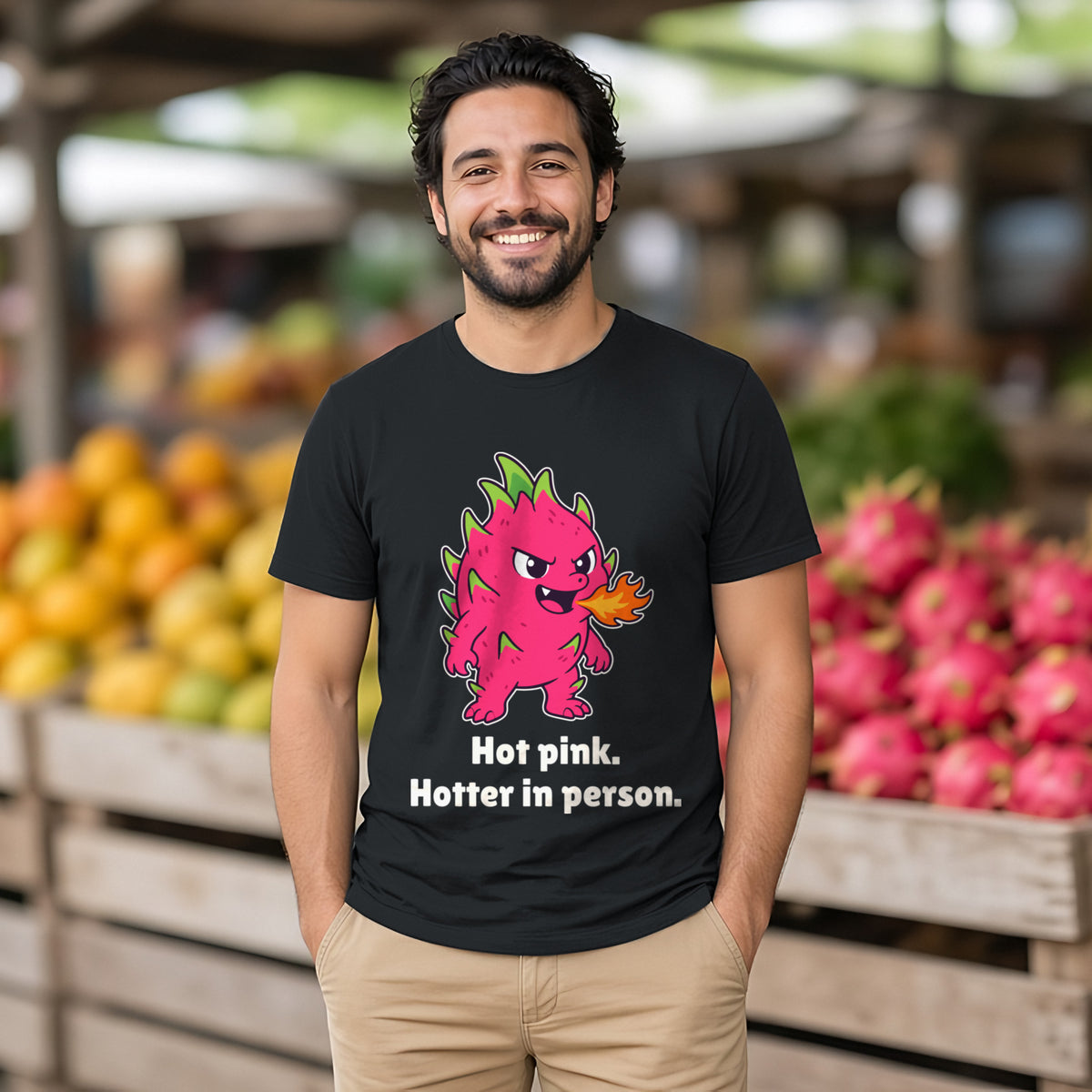 The Fire-Breathing Dragonfruit Tee in black, worn by a model