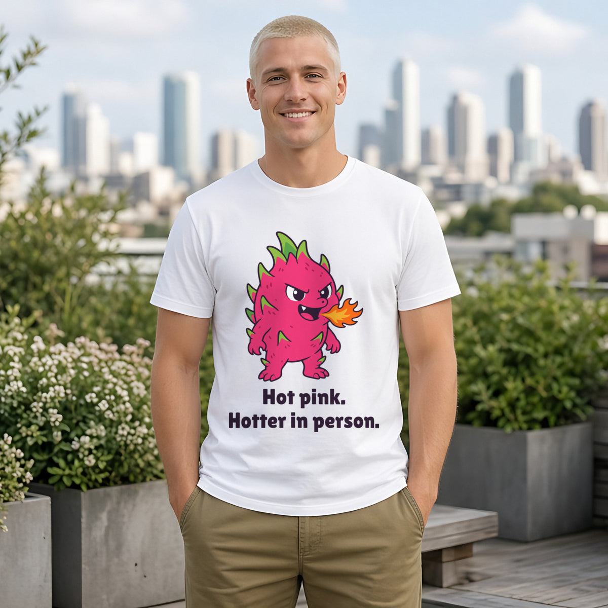 The Fire-Breathing Dragonfruit Tee – White worn by a model
