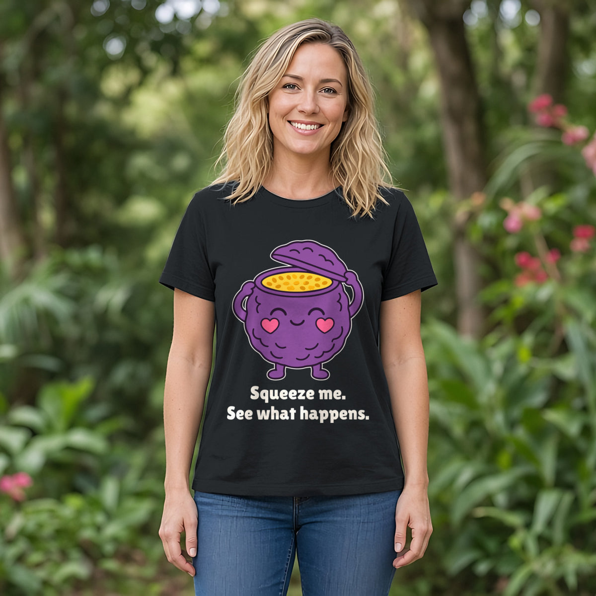 The Passionate Passionfruit Tee – Black worn by a model