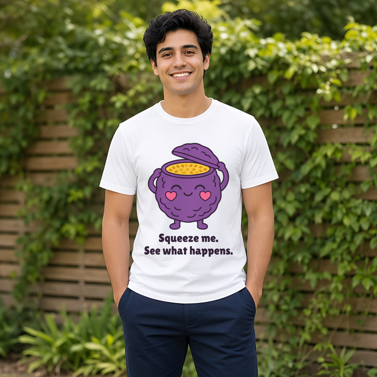The Passionate Passionfruit Tee – White worn by a model