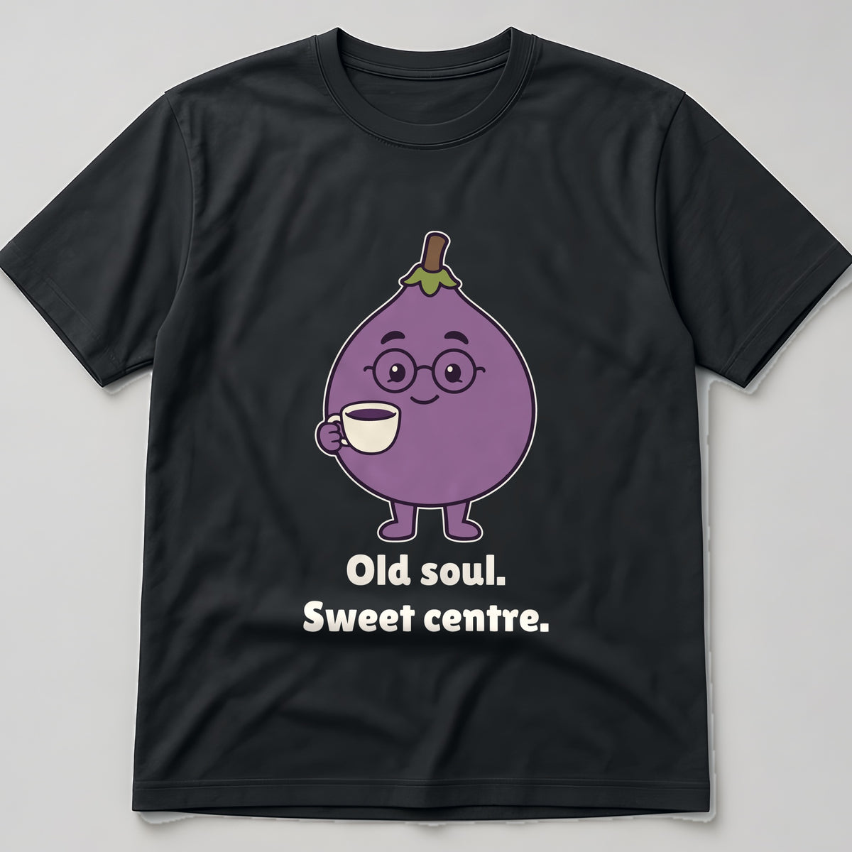 The Wise Old Fig Tee in black, flat lay