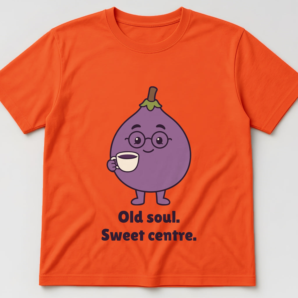 The Wise Old Fig Tee in orange, flat lay