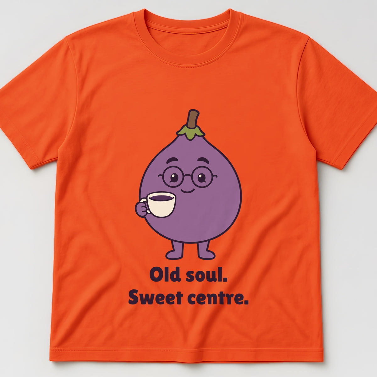 The Wise Old Fig Tee in orange, flat lay