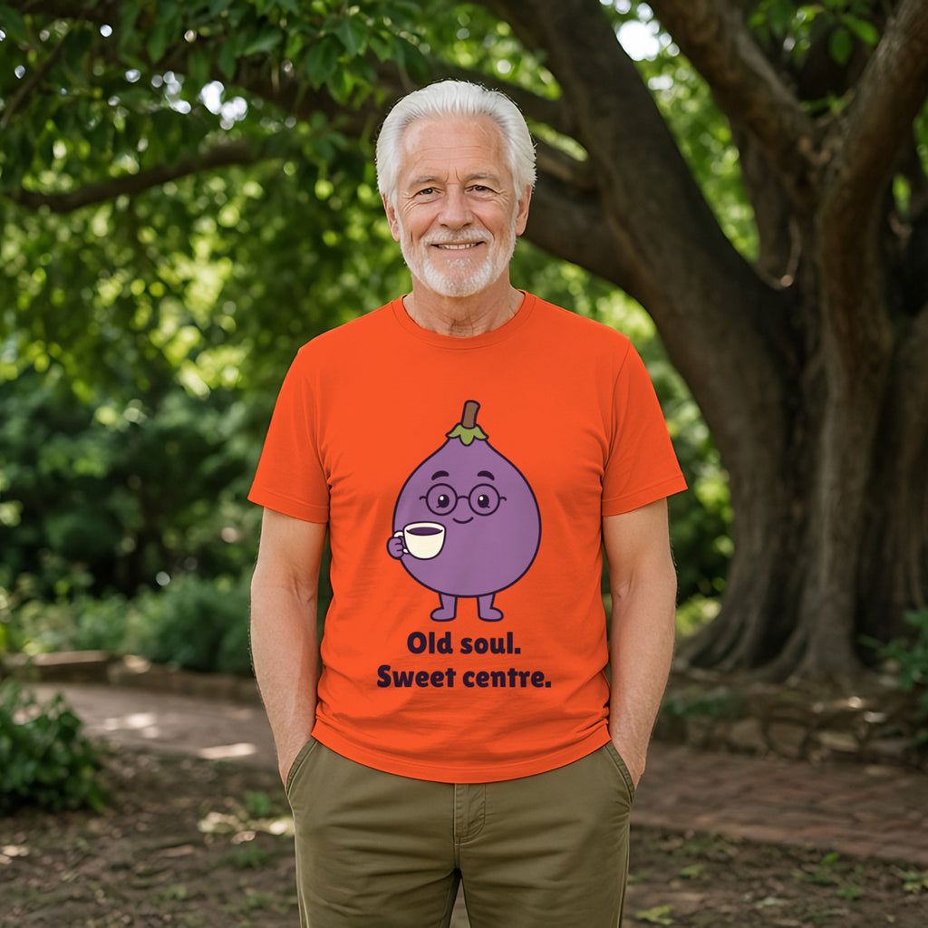 The Wise Old Fig Tee in orange, worn by a model