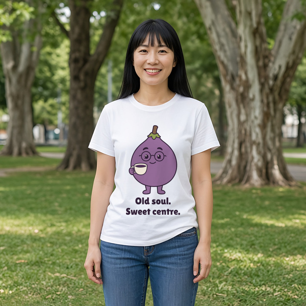 The Wise Old Fig Tee – White worn by a model