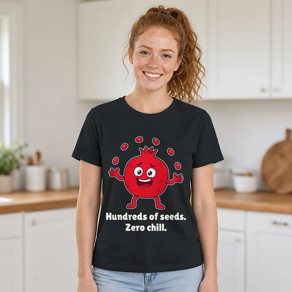 The Overcommitted Pomegranate Tee – Black worn by a model