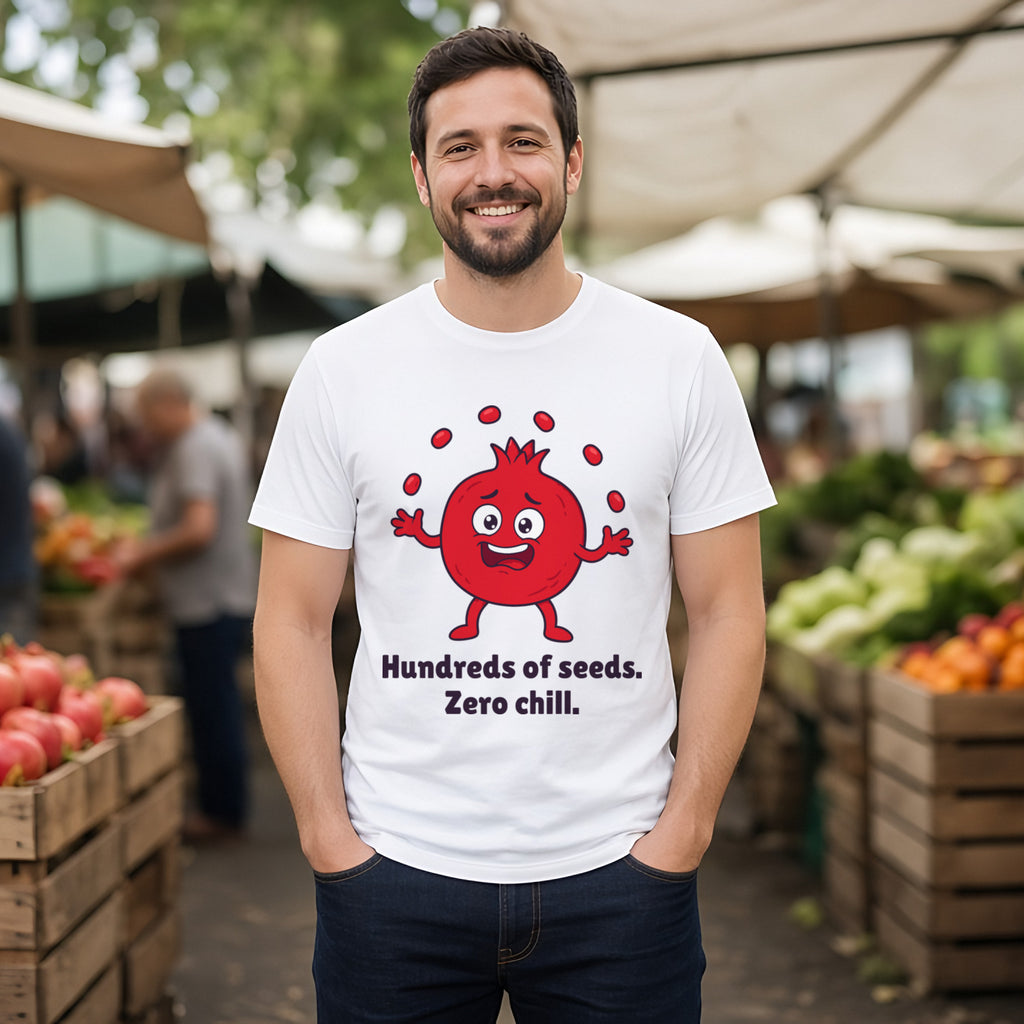 The Overcommitted Pomegranate Tee – White worn by a model