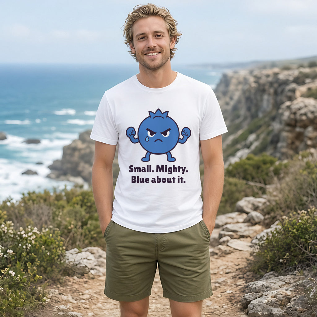 The Tiny Blueberry Tee – White worn by a model