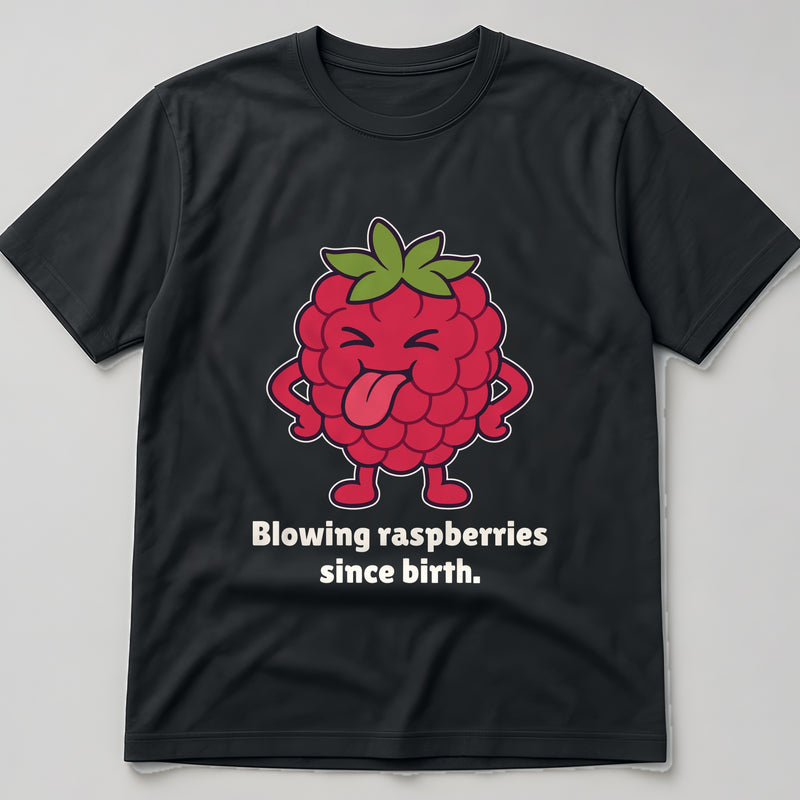 The Rude Raspberry Tee in black, flat lay