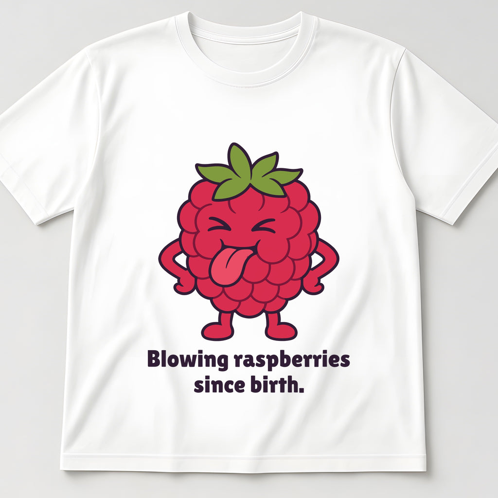 The Rude Raspberry Tee in white, flat lay