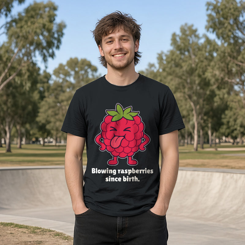The Rude Raspberry Tee in black, worn by a model