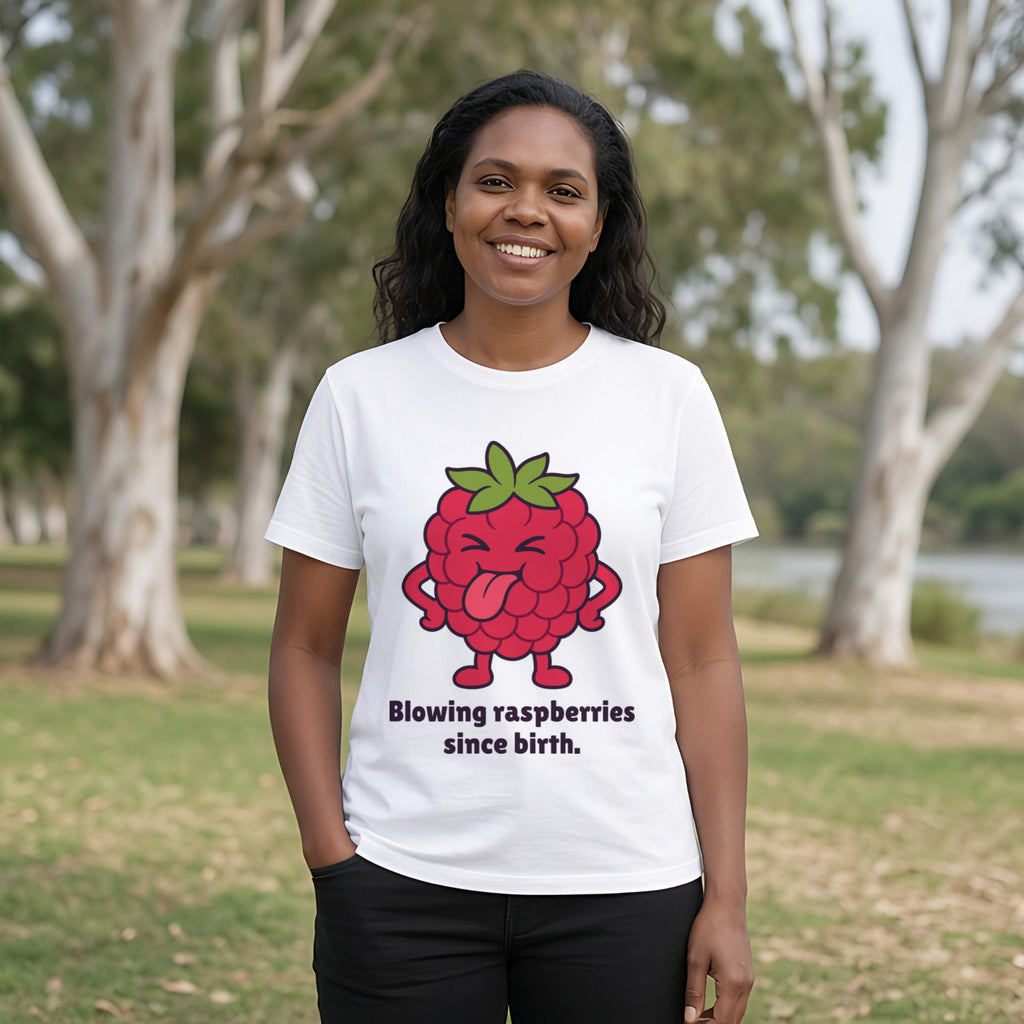 The Rude Raspberry Tee – White worn by a model