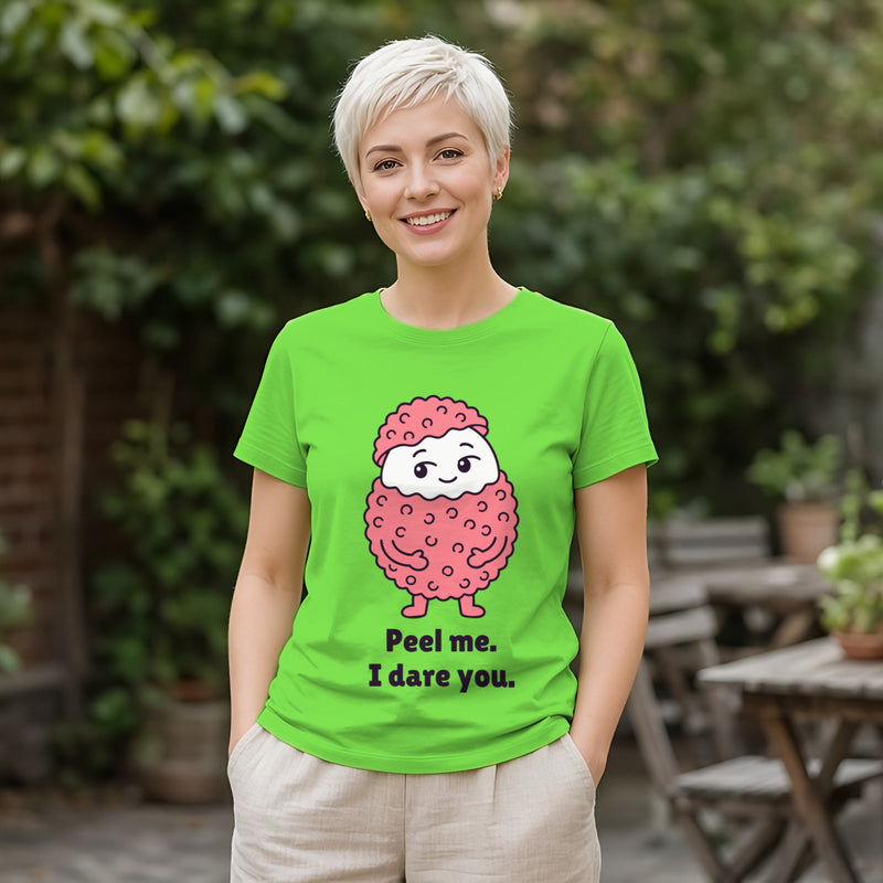 The Rough-Cut Lychee Tee in lime, worn by a model