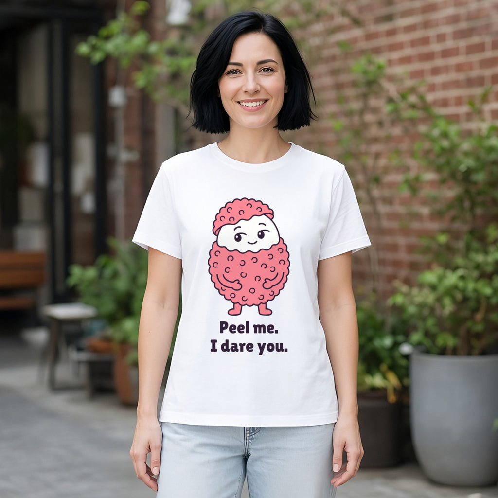 The Rough-Cut Lychee Tee – White worn by a model