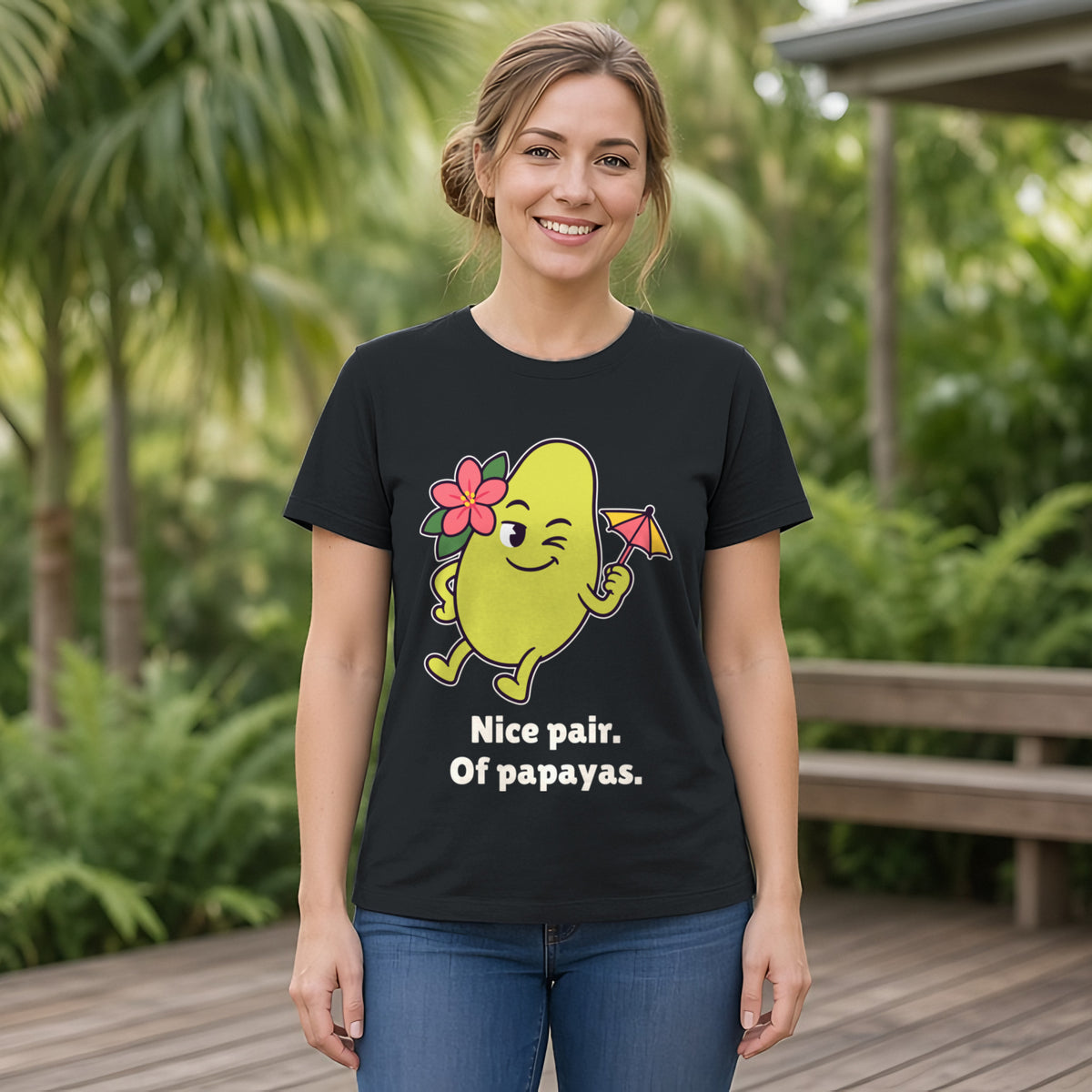 The Tropical Papaya Tee – Black worn by a model
