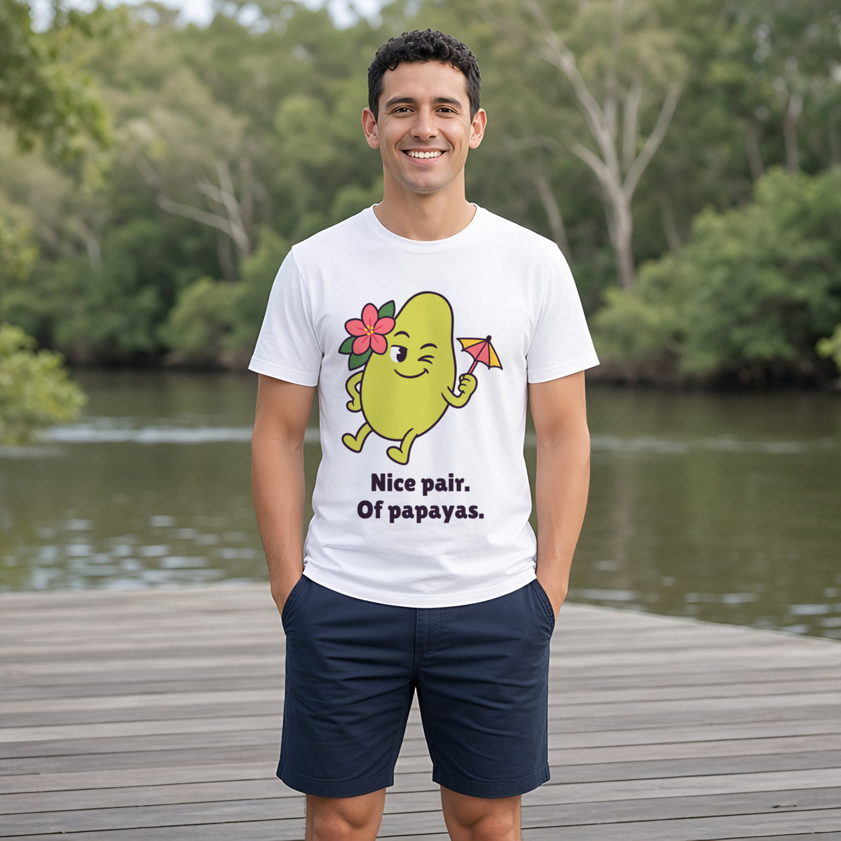 The Tropical Papaya Tee – White worn by a model