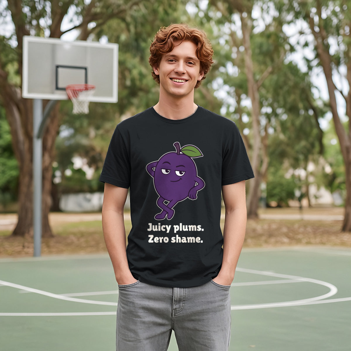 The Shameless Plum Tee – Black worn by a model