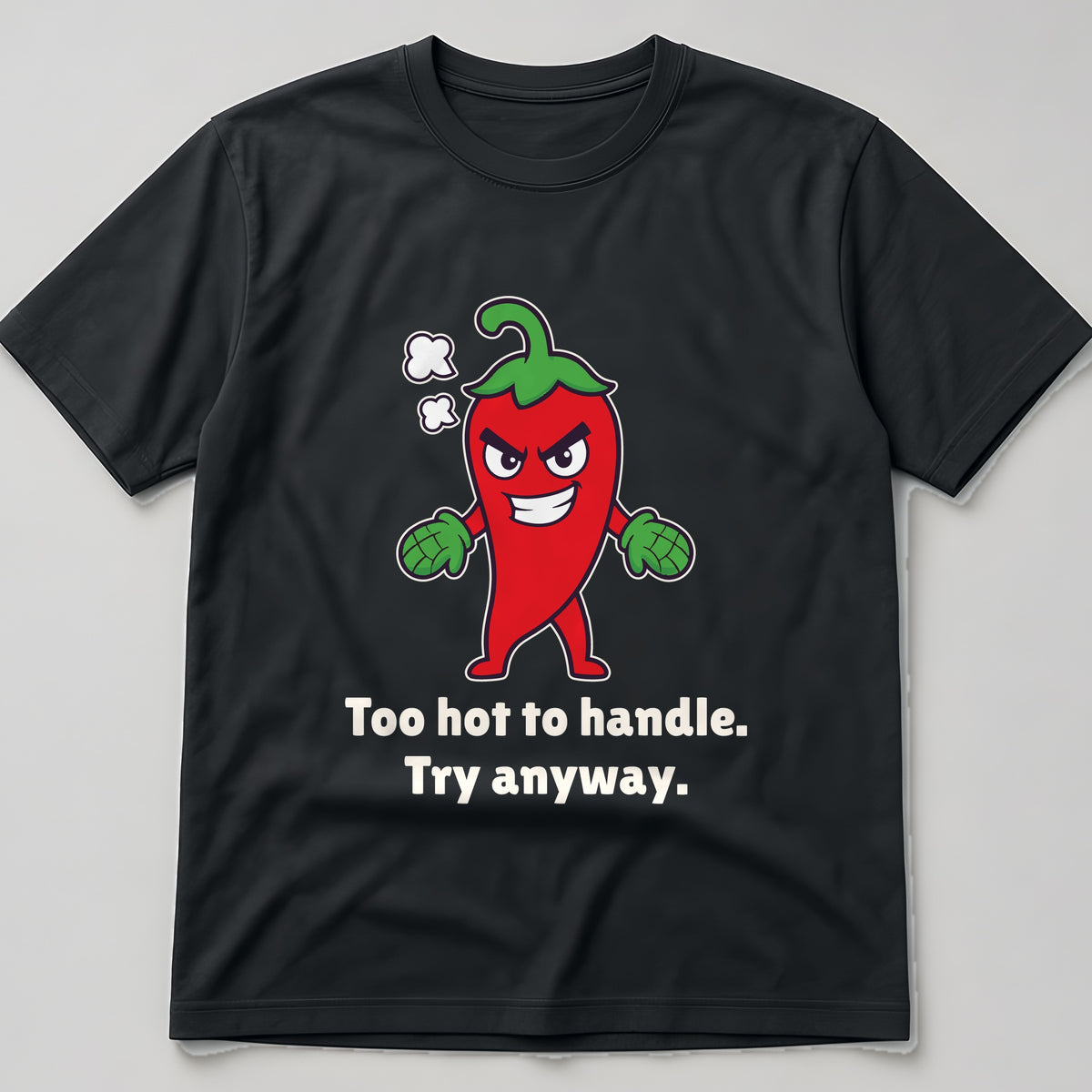 The Hot-Headed Chilli Tee in black, flat lay
