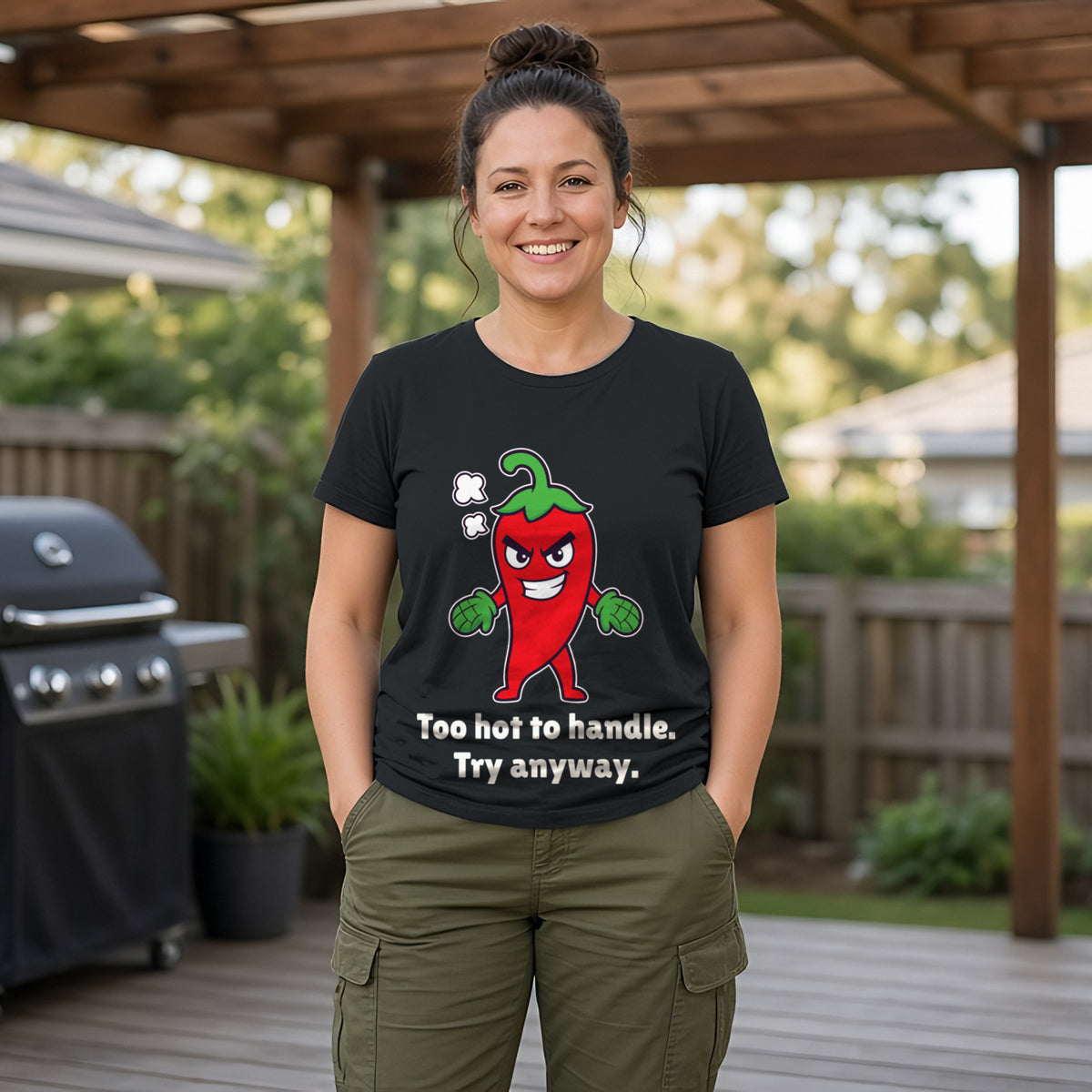 The Hot-Headed Chilli Tee in black, worn by a model