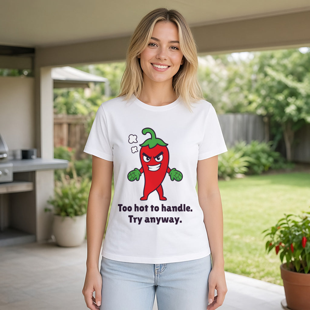The Hot-Headed Chilli Tee – White worn by a model