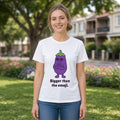 The Smug Eggplant Tee – White worn by a model