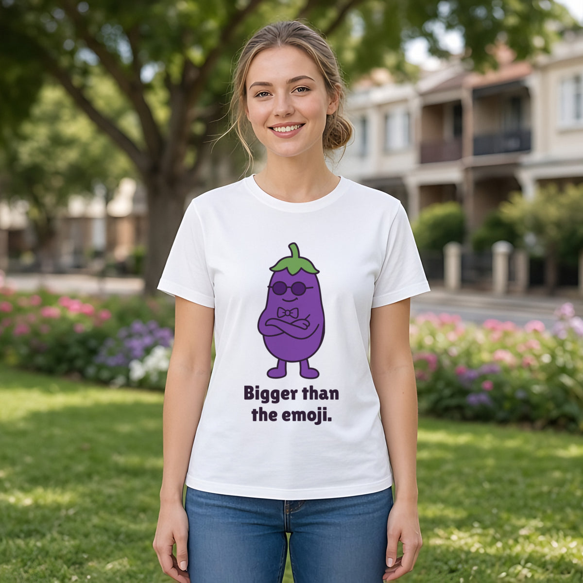 The Smug Eggplant Tee – White worn by a model