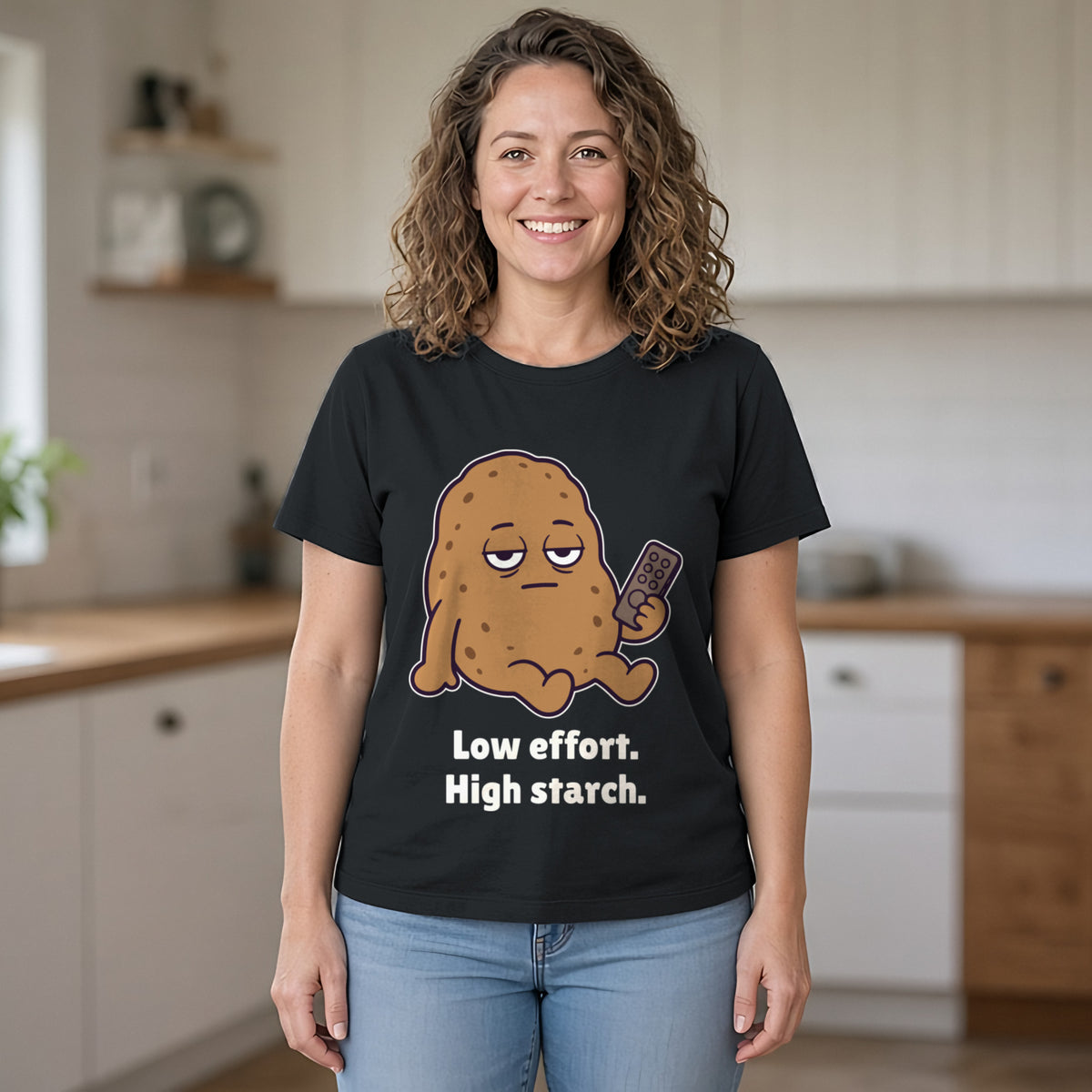 The Low-Effort Potato Tee – Black worn by a model