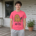 The Low-Effort Potato Tee in coral silk, worn by a model