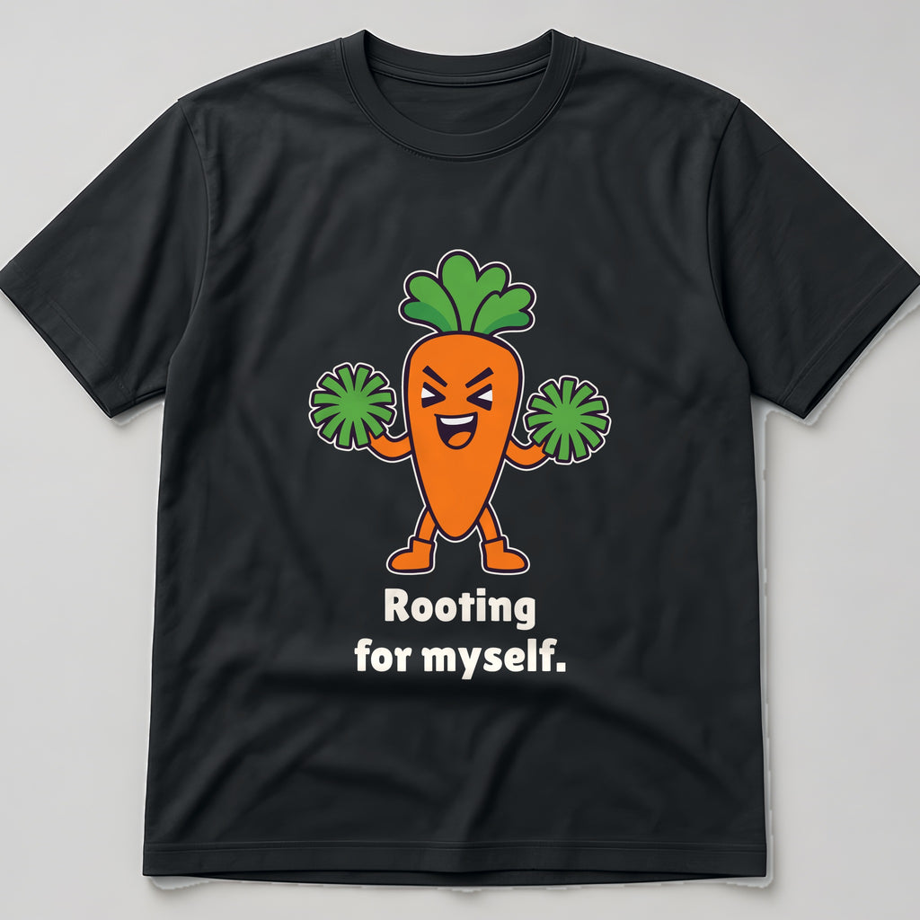 The Self-Motivated Carrot Tee in black, flat lay