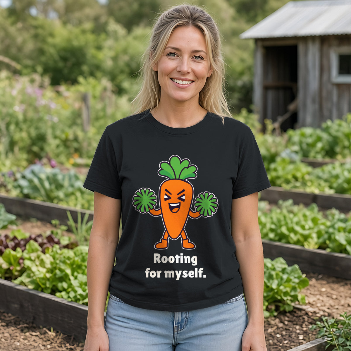 The Self-Motivated Carrot Tee – Black worn by a model